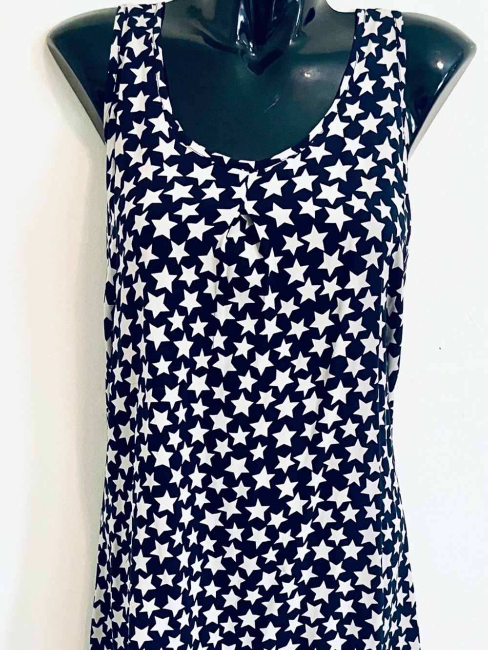 Patriotic Star Print Silk Flowy Sleeveless Tank Dress Top Navy and White